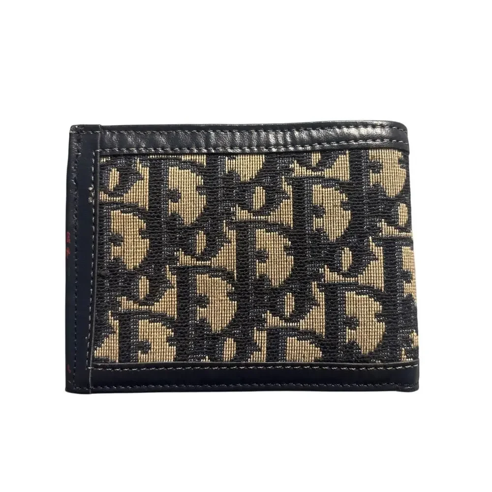 Christian Dior Oblique Jacquard Bifold Wallet Canvas Cowhide Trotter Monogram